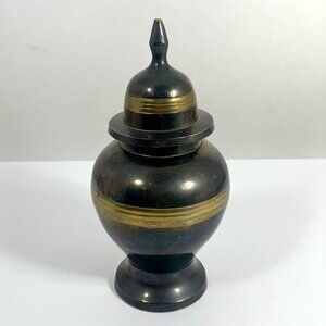 Vintage Brass & Black Metal Decorative Urn With Lid Made In India 7" X 3.25"